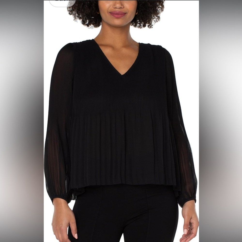 Liverpool Black Women's V-Neck Long Sleeve Pleated Top Medium NWT